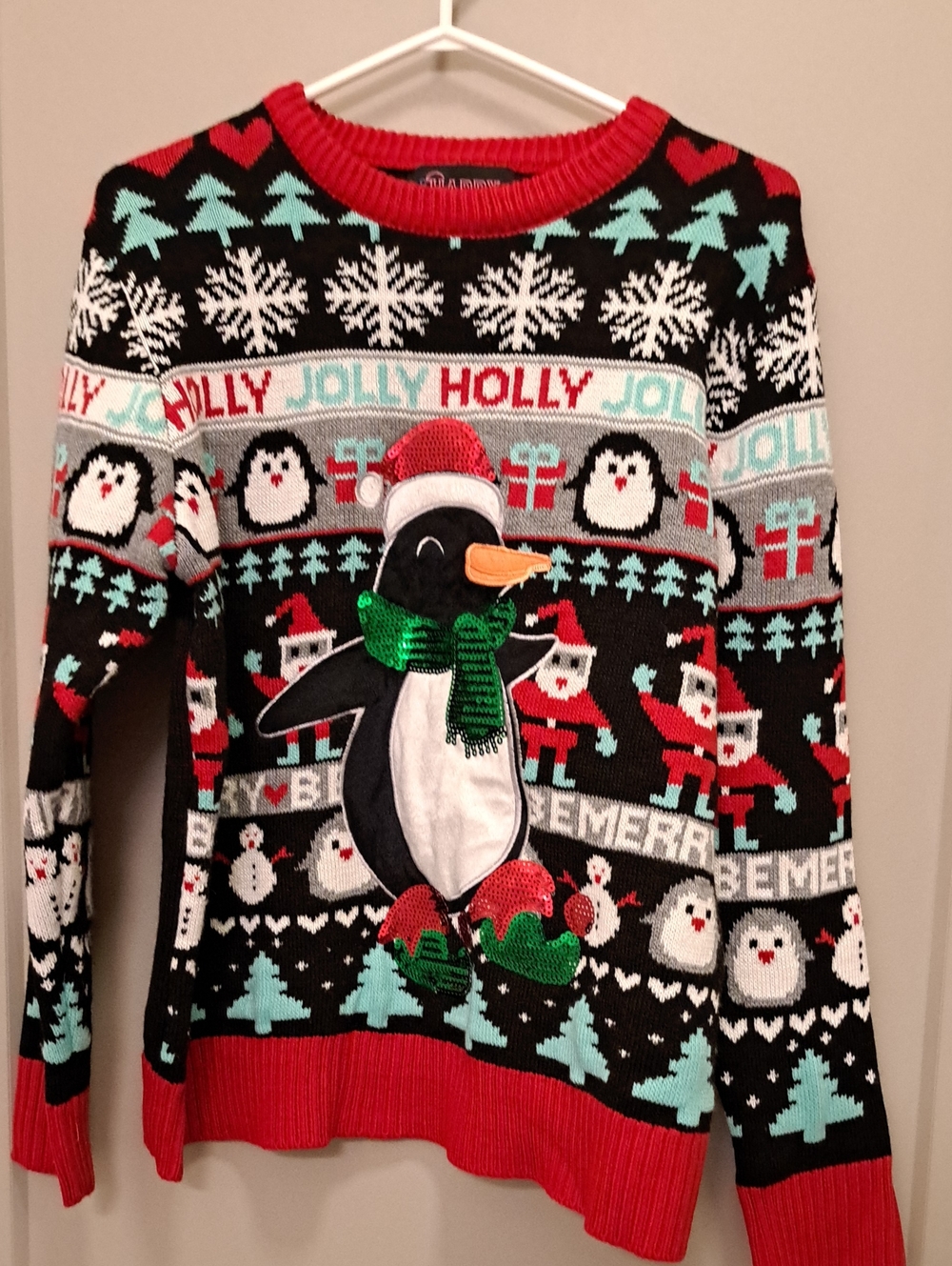 Urban Heritage Penguin Holiday Crewneck Sweater - Black, Red, Green, White, Aqua